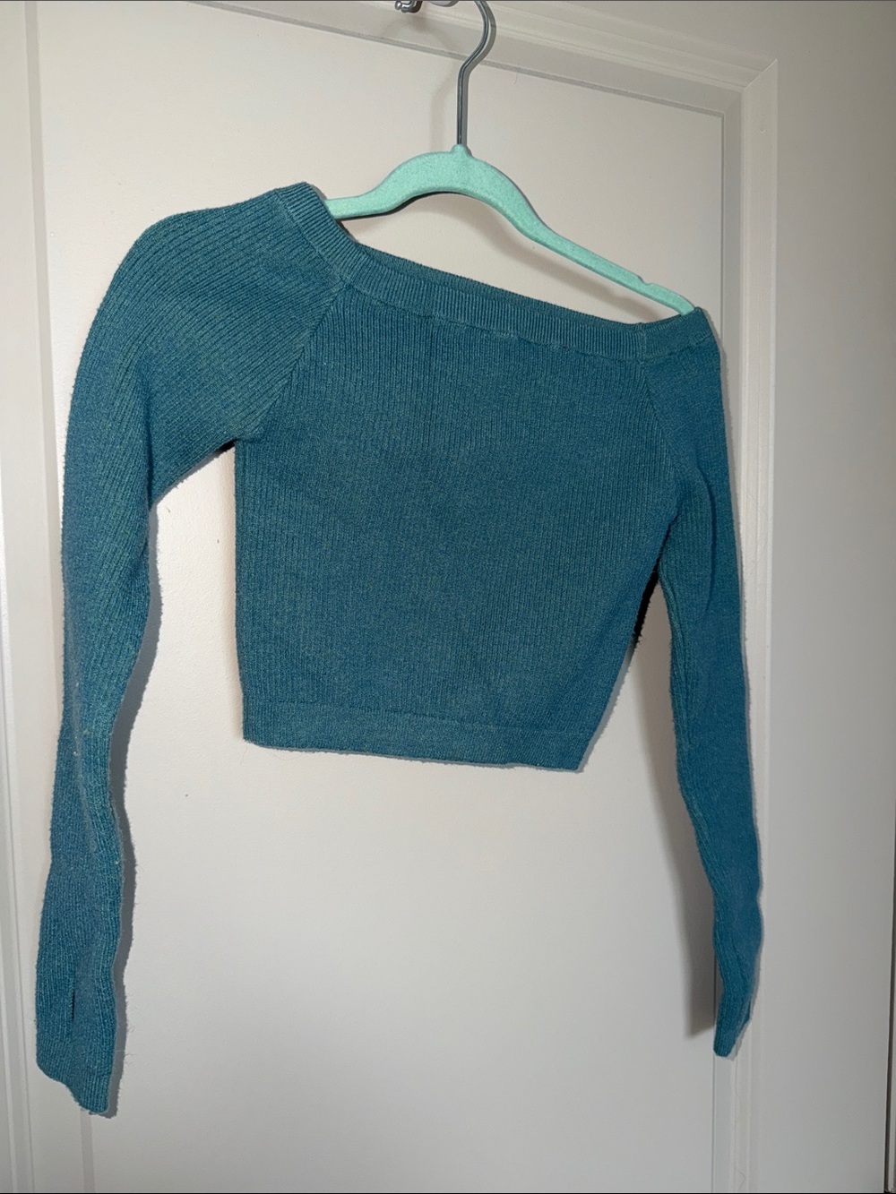 Ballet Cover Teal Off-Shoulder Cropped Women’s Sweater